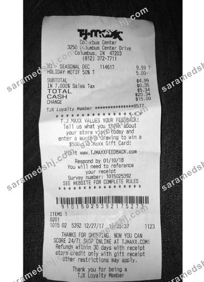 USA TJ Maxx store payment receipt